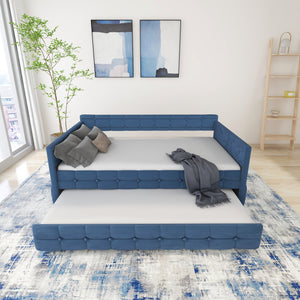 English Elm BLUE Velvet Upholstered Twin Daybed with Removable Trundle, Rubberwood Slats, Wheels, No Box Spring Required, Compact Chic Design W1867S00005