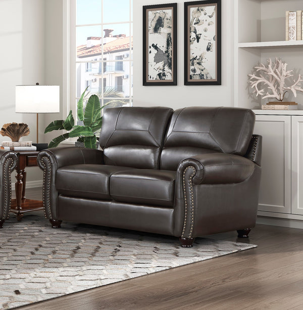 English Elm Traditional Top-grain Leather Sofa Set with Nailhead Trim and Espresso Wood Legs B011S01041