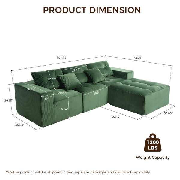 English Elm 101" Modular Cloud Sectional Corduroy Upholstered Sofa Reversible Chaise Living Room Green W1170S00055