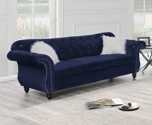 English Elm Formal Velvet Tufted Sofa with Silver Nailhead Trim and Rolled Arms — Elegant 93"L Living Room Statement piece Indigo 34 L x 34 W x 16 H B011S01694