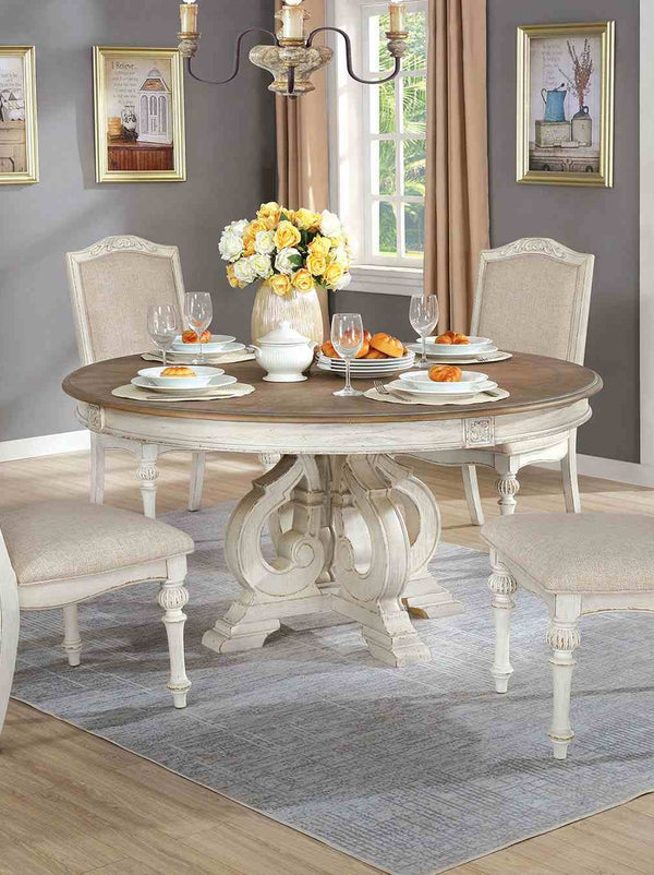 English Elm Dining Table 60 Inch Round Solid Wood Pedestal with Hand Carved Skirt and Inlay Antique White B2741P474004