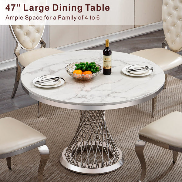 English Elm 47" Round Marble Dining Table - Modern High Gloss Faux Marble Top & Stainless Steel Base, Easy Care W3456S00001