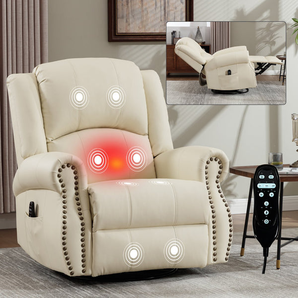 English Elm Heat Massage Rocker Swivel Recliner Chair with Lumbar Relief Nodes for Living Room Beige W3224S00028