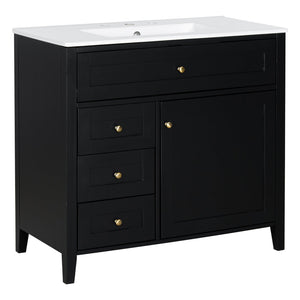 English Elm 36-Inch Black Bathroom Vanity With Sink – Modern Design, 3 Drawers, Adjustable Shelf For Storage N725P350821B