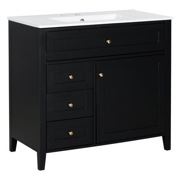 English Elm 36-Inch Black Bathroom Vanity With Sink – Modern Design, 3 Drawers, Adjustable Shelf For Storage N725P350821B