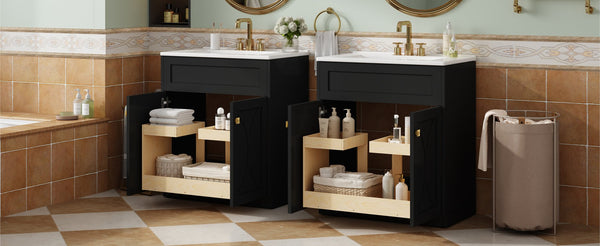 English Elm 60'' Bathroom Vanity Set With Ceramic Sink, Black Freestanding Cabinet, Gold Handles & Soft-Close Doors N710SS00005B
