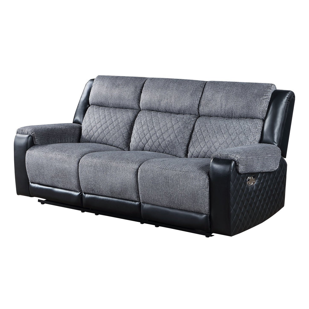 English Elm ALICIA Two-Tone Grey/Black Glider Reclining Sofa with Faux Leather Trim, Traditional Glam Comfort B201P216026
