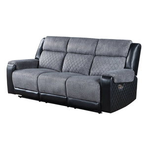 English Elm ALICIA Two-Tone Grey/Black Glider Reclining Sofa with Faux Leather Trim, Traditional Glam Comfort B201P216026