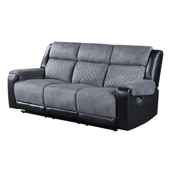 English Elm ALICIA Two-Tone Gray/Black Reclining Sofa and Loveseat Set — Glider Recliners, Faux Leather Glam Comfort B201S00149