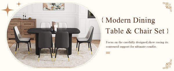 English Elm Table And Chair Set – Modern Black Wood Grain Dining Table With 6 Stylish Pu Cushioned Chairs W1151S04178-GIGA