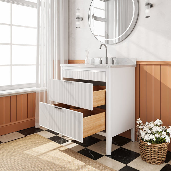 English Elm Fully Assembled 30 Inch Bathroom Vanity Solid Rubberwood Cabinet Carrara Marble Top W1826P439632