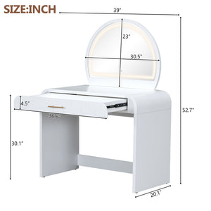 English Elm 39" Makeup Vanity Table with Touchscreen LED Mirror, Sleek Dressing Table with Drawer and Glass Top - Durable Rubberwood, Fast Assembly White N704P196658K