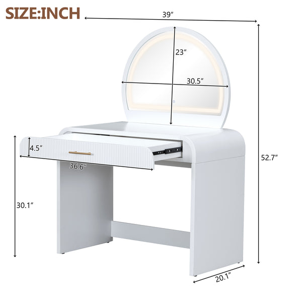 English Elm 39" Makeup Vanity Table with Touchscreen LED Mirror, Sleek Dressing Table with Drawer and Glass Top - Durable Rubberwood, Fast Assembly White N704P196658K