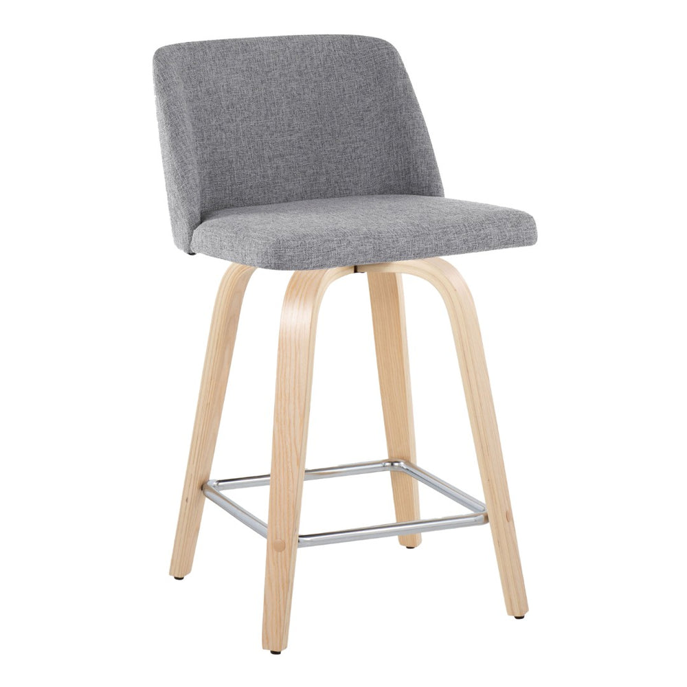 English Elm Toriano 24" Fixed-Height Swivel Counter Stool Set Of 2 In Grey Fabric & Natural Wood With Chrome Footrest B202S00107-GIGA