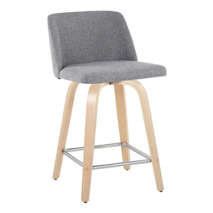 English Elm Toriano 24" Fixed-Height Swivel Counter Stool Set Of 2 In Grey Fabric & Natural Wood With Chrome Footrest B202S00107-GIGA