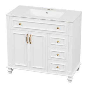 English Elm 36" Modern Bathroom Vanity with Ceramic Sink, Gold Handles, Flip-Out Drawer & Soft-Close Doors White N725P283623K