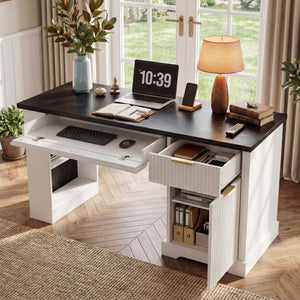 English Elm 55" Fluted White Computer Desk with Power Outlet Pegboard Cabinet and Keyboard Tray W2917P396008