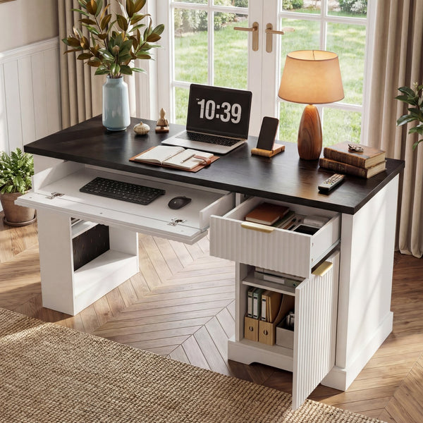 English Elm 55" Fluted White Computer Desk with Power Outlet Pegboard Cabinet and Keyboard Tray W2917P396008