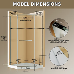 English Elm Corner Frameless Neo-angle Pivot Shower Enclosure with Tempered Glass and Sleek Hardware Chrome W637P348803