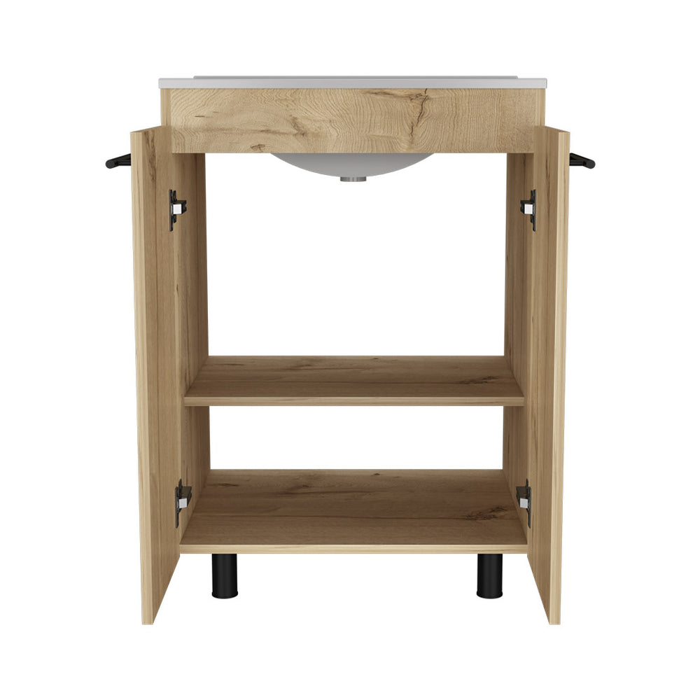 English Elm Free Standing Sink Cabinet Light Oak Beige, 23.8" Engineered Wood Vanity with Sink, 2 Shelves, FSC Compliance B097S00152