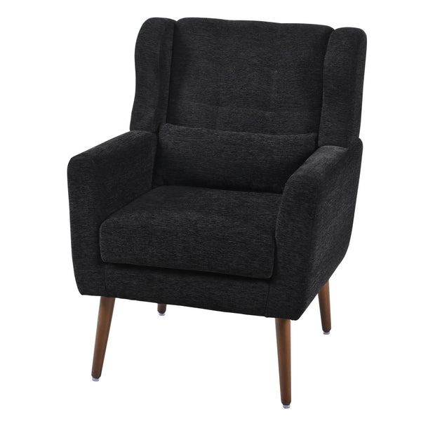 English Elm Modern Accent Chair Chenille Upholstered Ergonomic Lounge Armchair with Wood Legs and Pillow for Reading Comfort and Stylish Living Room Seating Black W1028P382764