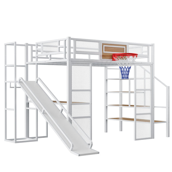 English Elm Full Full Size Metal Loft Bed with Built-In Desk, Slide, Basketball Hoop and Open Wardrobe Storage White GX001524AAK