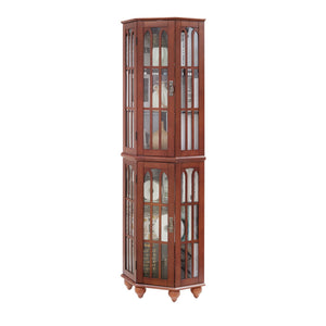English Elm Corner Curio Cabinet with 6 Shelves, Tempered Glass Display, Built-In Lighting, Mirrored Back Walnut W1693P216949