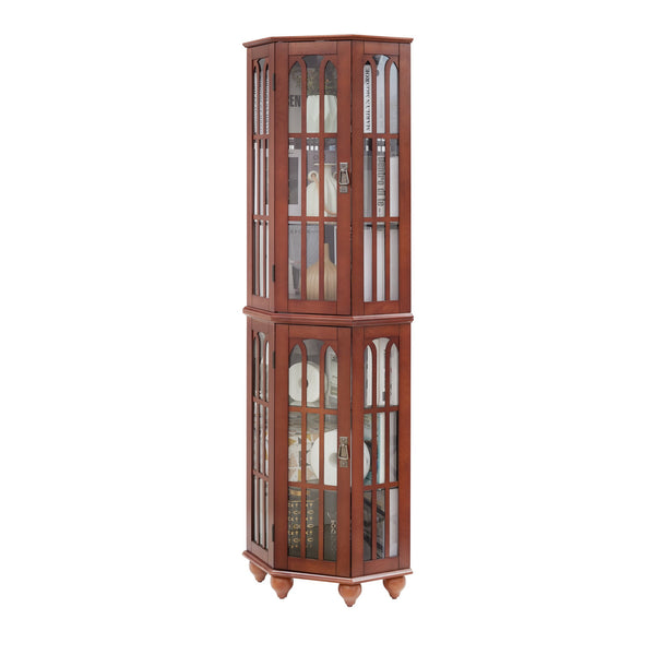 English Elm Corner Curio Cabinet with 6 Shelves, Tempered Glass Display, Built-In Lighting, Mirrored Back Walnut W1693P216949