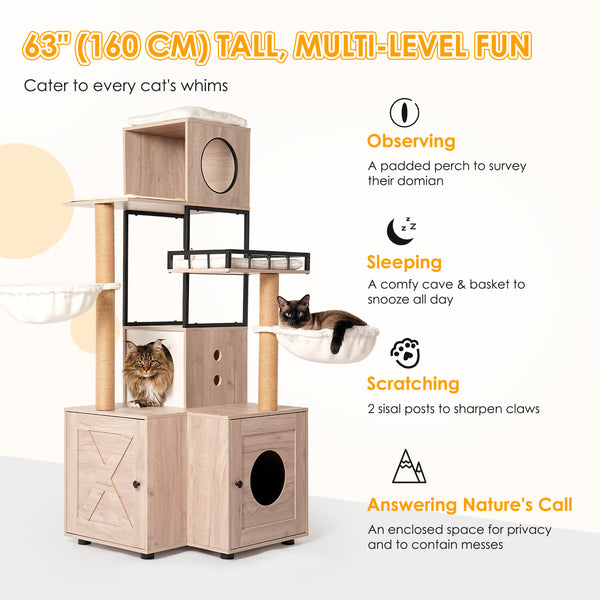 English Elm 63" Rustic Gray Cat Tower with Hidden Litter Enclosure Sisal Posts and Washable Perch W1687P304383
