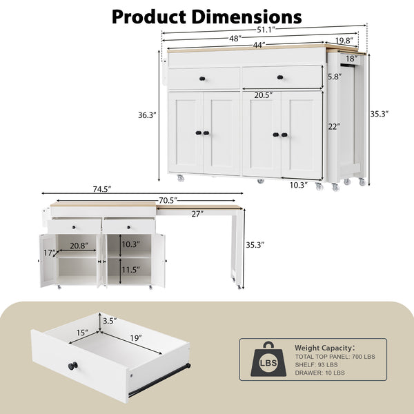 English Elm K&K 74.5" Kitchen Island with 27" Extendable Dining Table, 4 Doors, 2 Drawers, Spice Rack, Wheels Off White N707P333291W