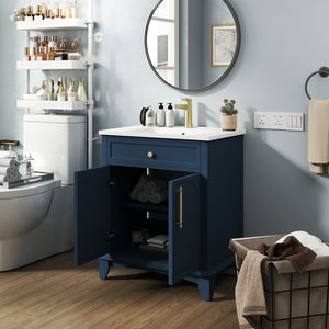 English Elm 27.8" Mid-century Freestanding Bathroom Vanity with Ceramic Sink Drawer and Wood Base Blue W1801S00005