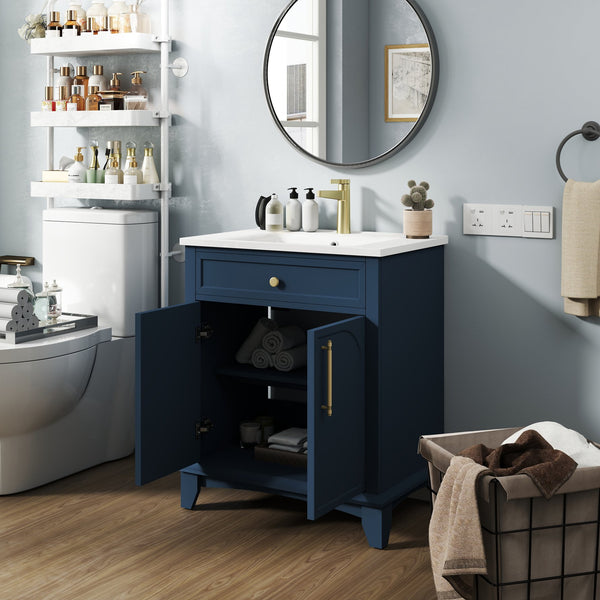 English Elm 27.8" Mid-century Freestanding Bathroom Vanity with Ceramic Sink Drawer and Wood Base Blue W1801S00005