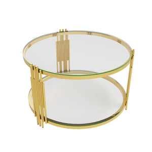 English Elm Living Room 3 Piece Glass Table Set with Sculptural Gold Metal Bases and Lower Shelves Transparent N735P380100K