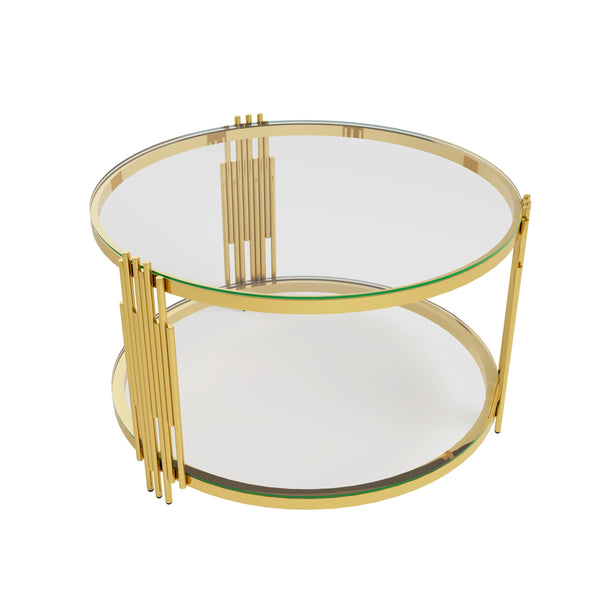 English Elm Living Room 3 Piece Glass Table Set with Sculptural Gold Metal Bases and Lower Shelves Transparent N735P380100K