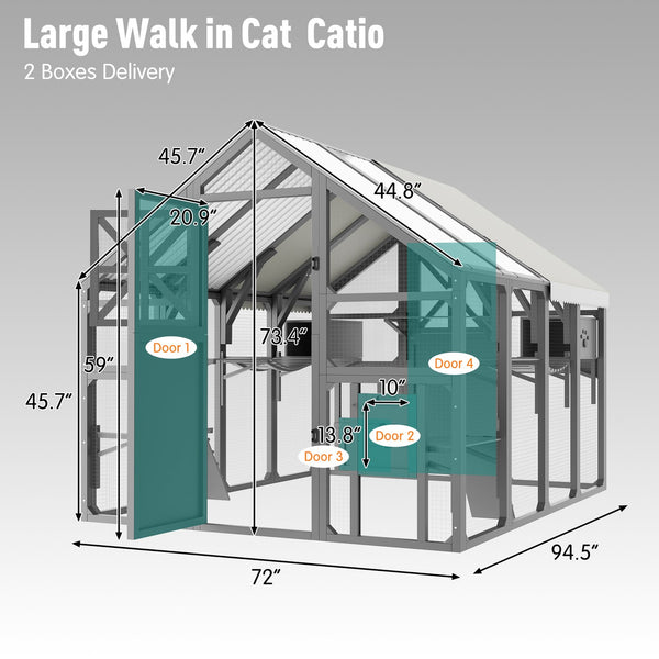 English Elm Large Walk-in Pine Wood Catio Enclosure with Platforms Resting Boxes and Planter Grey N704G201618E