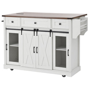 English Elm K&K 58" Farmhouse Kitchen Island with Sliding Barn Door, Drop Leaf, Glass Rack, Locking Wheels, Power White N707P349811W