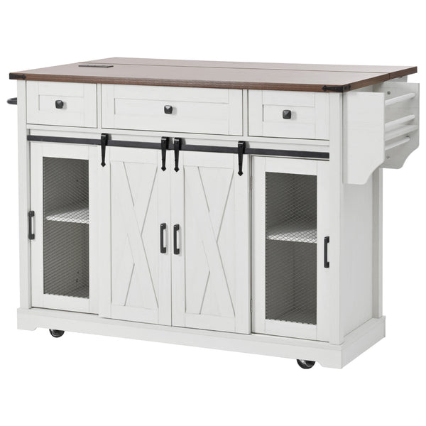 English Elm K&K 58" Farmhouse Kitchen Island with Sliding Barn Door, Drop Leaf, Glass Rack, Locking Wheels, Power White N707P349811W
