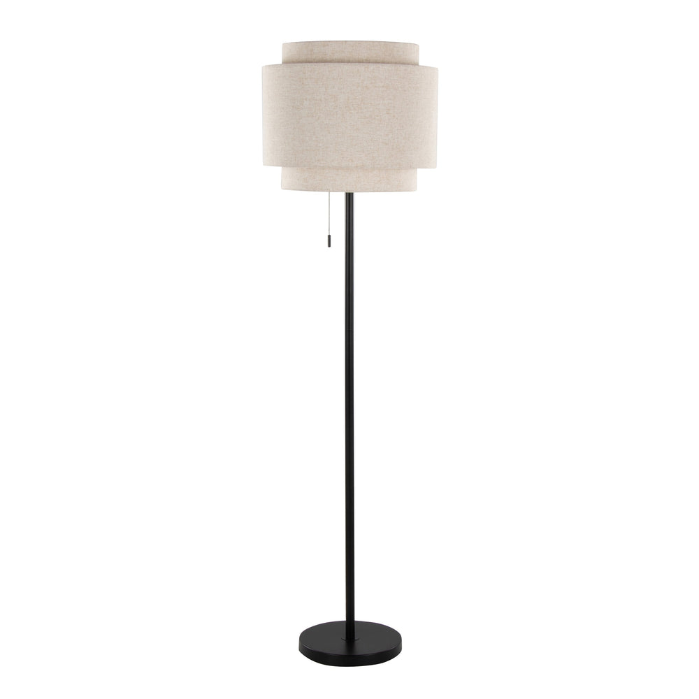 English Elm Tier Matte Black Metal Floor Lamp with Beige Linen Shade for Modern Living Spaces B202P224151