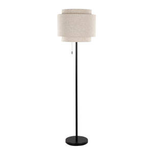 English Elm Tier Matte Black Metal Floor Lamp with Beige Linen Shade for Modern Living Spaces B202P224151