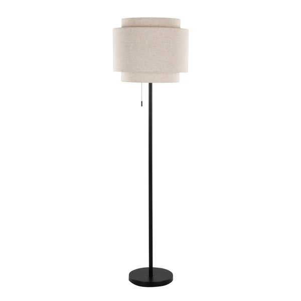 English Elm Tier Matte Black Metal Floor Lamp with Beige Linen Shade for Modern Living Spaces B202P224151