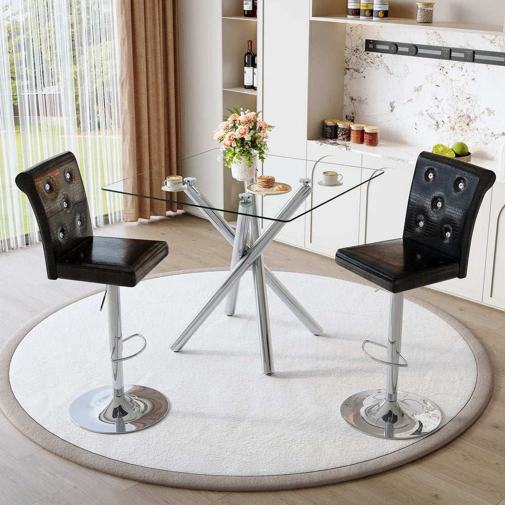 English Elm Modern Glass Top Pub Table Set with Swivel Pu Leather Stools Chrome Base 3 Piece W3875S00033