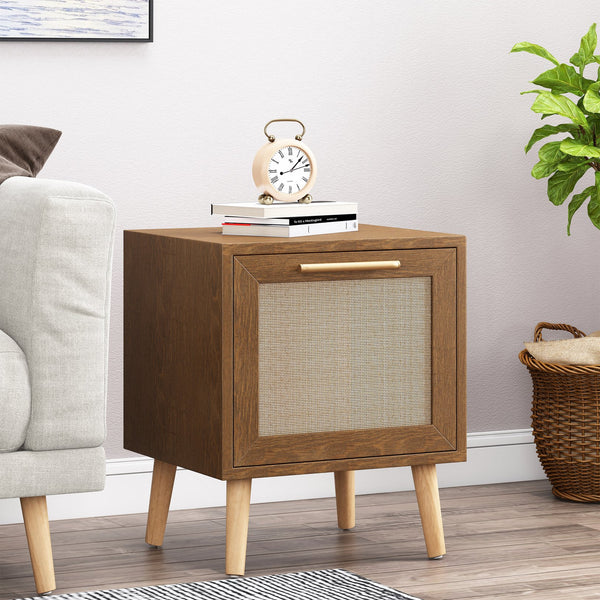 English Elm Christopher Knight Home® - END TABLE Walnut Contemporary Engineered Wood with Rattan Accents, Drawer Storage & Antique Gold Pull 71097.00