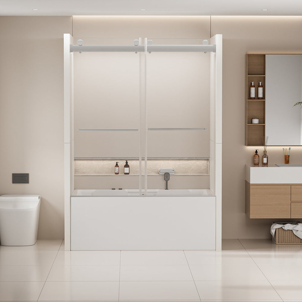 English Elm 56-60 in Frameless Bypass Tub Shower Door Tempered Glass Soft Close Chrome Finish W1573P205868