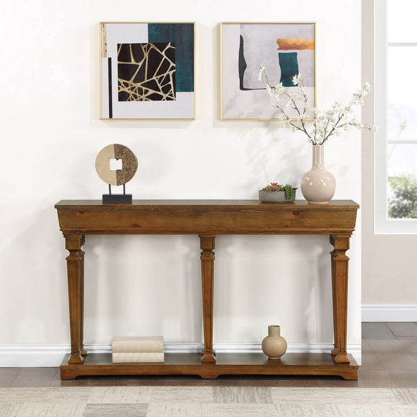 English Elm Oak Sleek Console Table with Bottom Display Shelf, 72" Wide Rectangular Entry Table with Tapered Legs and Storage Elegance B062P209085