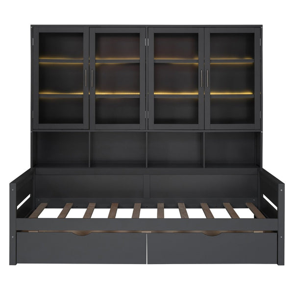 English Elm Twin Size Wooden Daybed With Stylish Glass Cabinets, Led Lighting & Open Shelves For Modern Spaces N820S00050E-GIGA