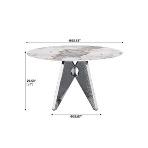 English Elm 53" Round Marble Dining Table - Sleek White Sintered Stone & Silver Stainless Base For 6 People Dining W1535S00461