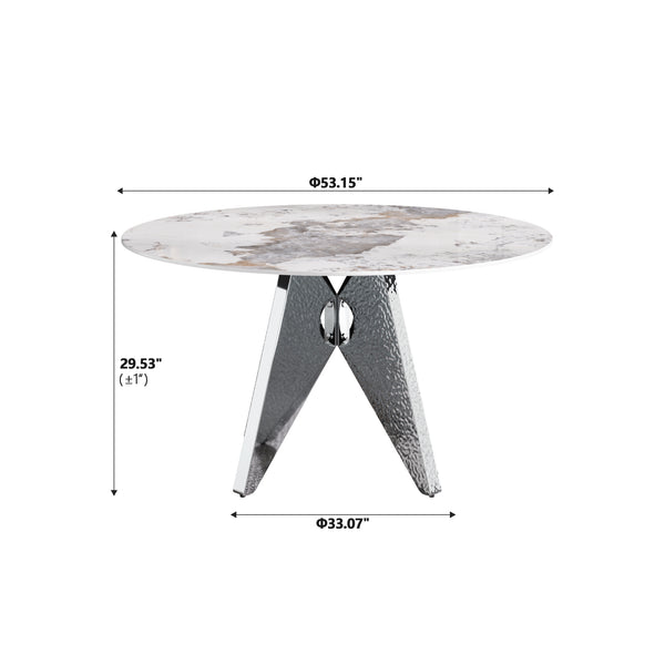 English Elm 53" Round Marble Dining Table - Sleek White Sintered Stone & Silver Stainless Base For 6 People Dining W1535S00461
