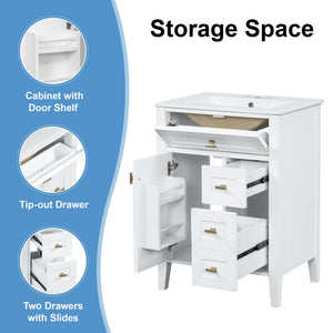 English Elm "24'' 24 Inch Glossy Freestanding Bathroom Vanity with Gold Hardware and Soft Close Storage White Rubberwood N725P448529K