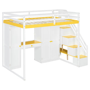 English Elm Full Size Teen Loft Bed with Staircase Shelves Wardrobe Vanity and Led Lighting LT000276AAL