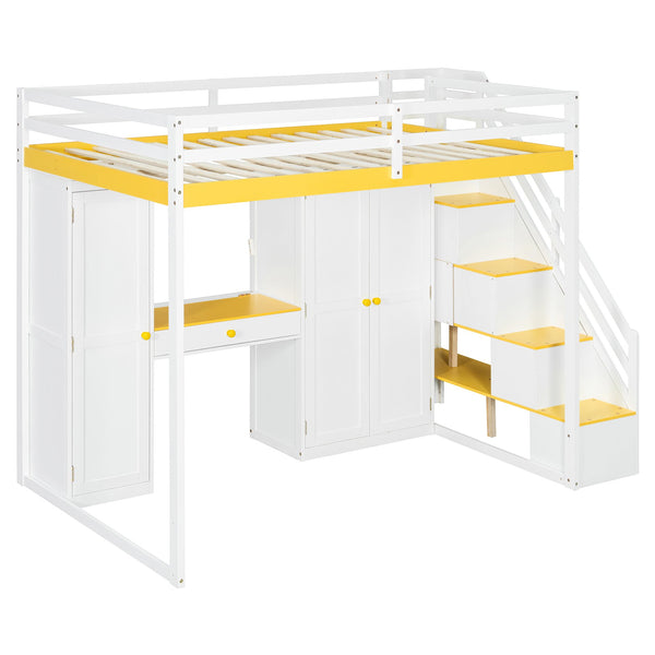 English Elm Full Size Teen Loft Bed with Staircase Shelves Wardrobe Vanity and Led Lighting LT000276AAL